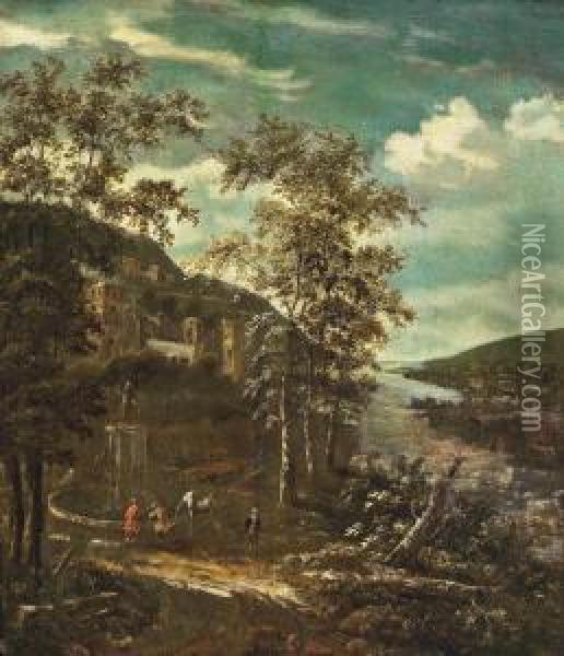 A Wooded River Landscape With Figures And A Horse At A Fountain Oil Painting - Dionys Verburgh