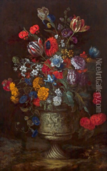 Blumenstillleben In Einer Reich Ornamentierten Vase Mit Figurenfries - Natura Morta Con Un Caso Di Fiori Oil Painting - Bartolommeo Bimbi