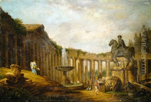 Capriccio Mit Romischen Kolonnaden, Reiterstandbild, Brunnen Und Staffagefiguren Oil Painting - Hubert Robert