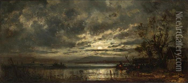 Fishermen On A Moonlit Lake Oil Painting - Adolf Stademann