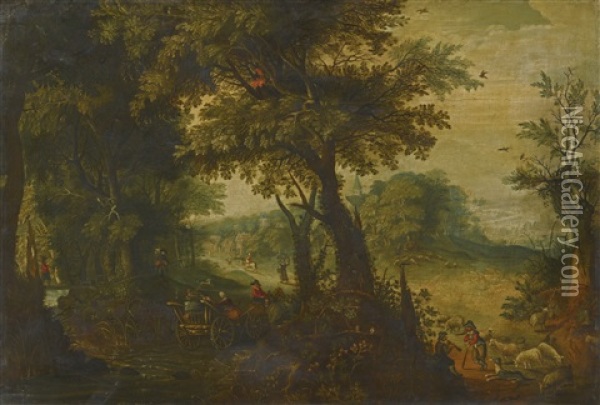 A Landscape With Sheep Grazing In A Forest Oil Painting - Abraham Govaerts