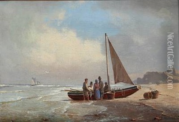 Coastal Scene With A Fishing Boat On The Beach Oil Painting - Carl Johann Neumann
