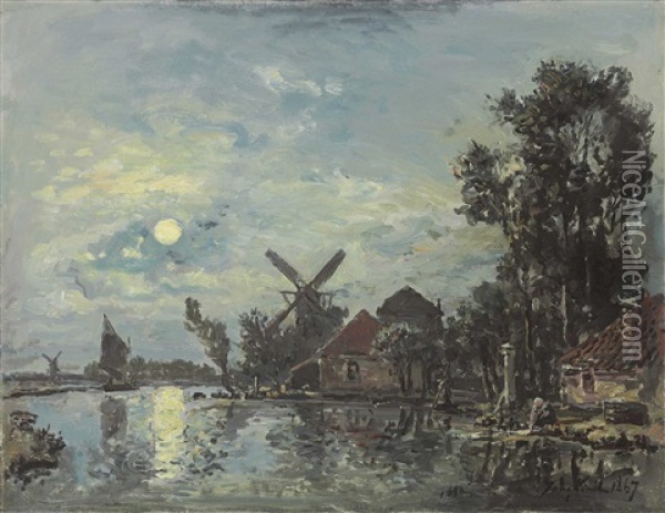 Effet De Lune Sur L'estuaire, Hollande Oil Painting - Johan Henri Braakensiek