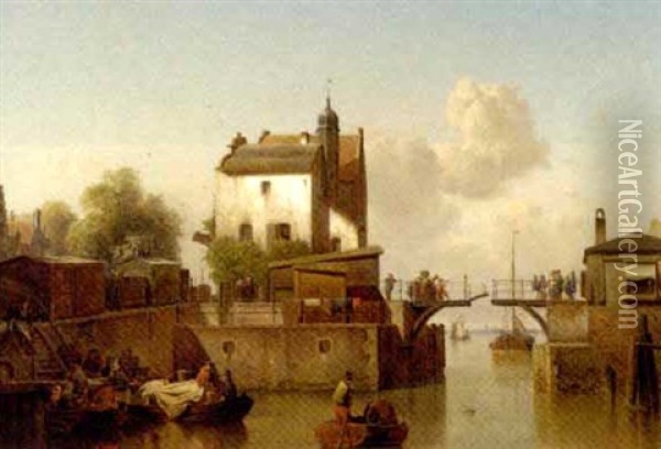 A Canal With Figures Embarking On Fishing Boats And Others On The Locke Oil Painting - Karl Adloff