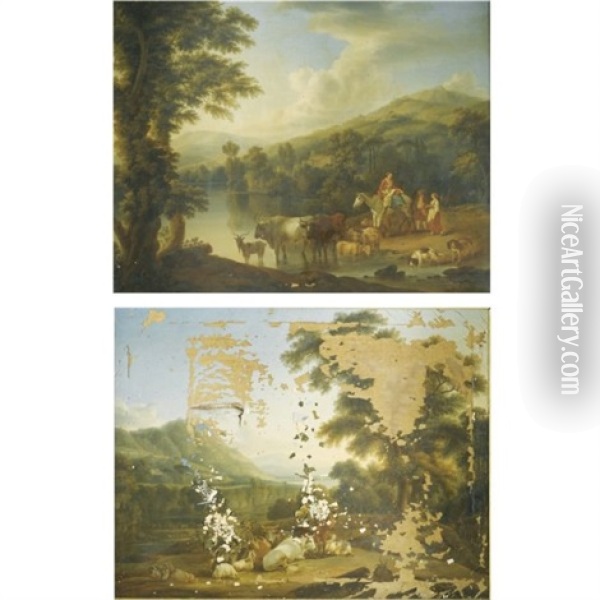 A Wooded River Landscape With A Woman On A Gray Horse With Animals Watering (+ A Wooded River Landscape With A Shepherd Resting Beneath A Tree By Cows And Goats; Pair) Oil Painting - Jacob Philipp Hackert