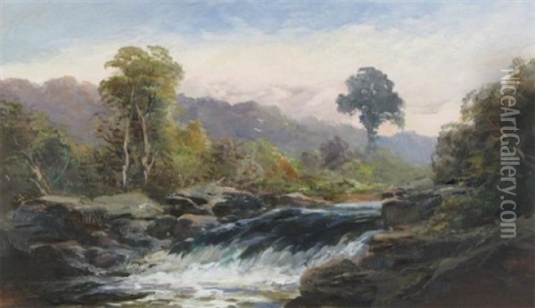 River Landscape (+ Another; Pair) Oil Painting - George Henry Jenkins