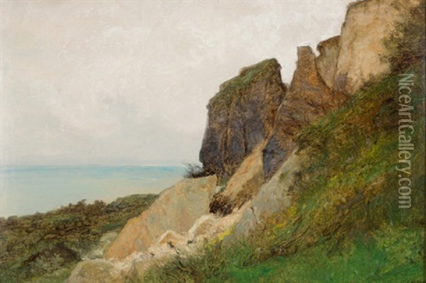 Felslandschaft Mit Blick Auf See Oil Painting - Gustave Castan