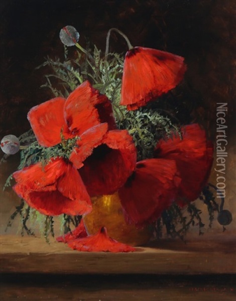 Still Life With Red Poppies In A Vase Oil Painting - Max Theodor Streckenbach