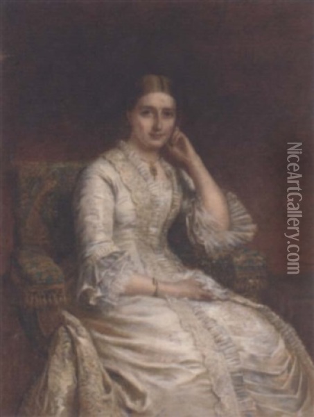 Portrait Of A Lady, Seated, In A White Dress, In A Panelled Interior Oil Painting - Edwin Long