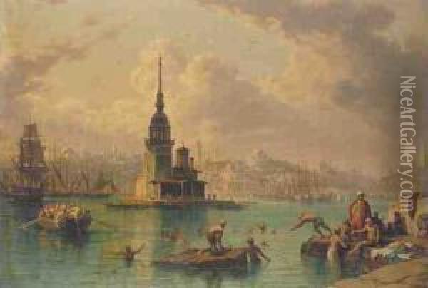 Bathing In The Bosphorus Oil Painting - Hubert Sattler