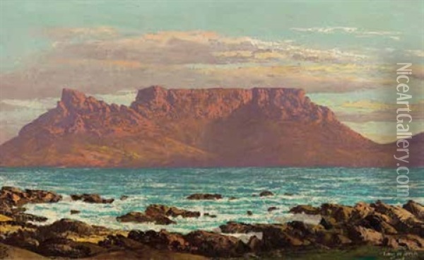 Table Mountain Viewed From Bloubergstrand Oil Painting - Tinus de Jongh