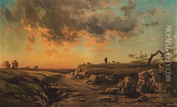 Goat Herder And Flock On A Low Bluff, Sunset Oil Painting - Alexandre Rene Veron