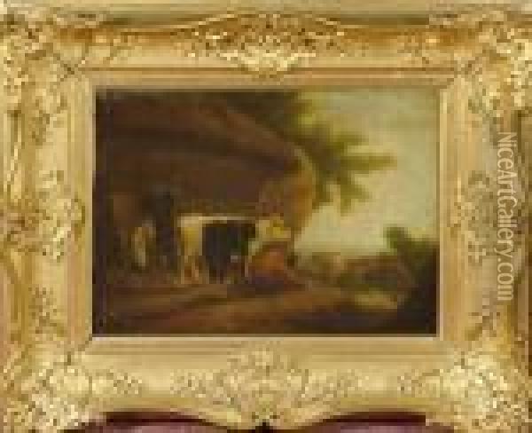 Cattle By A Barn Watched Over By A Farmer And His Wife. Oil Painting - George Morland