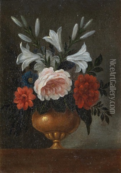 Lilies, Peonies, A Rose And Other Flowers In A Gilt Vase On A Table-top Oil Painting - Pedro de Camprobin