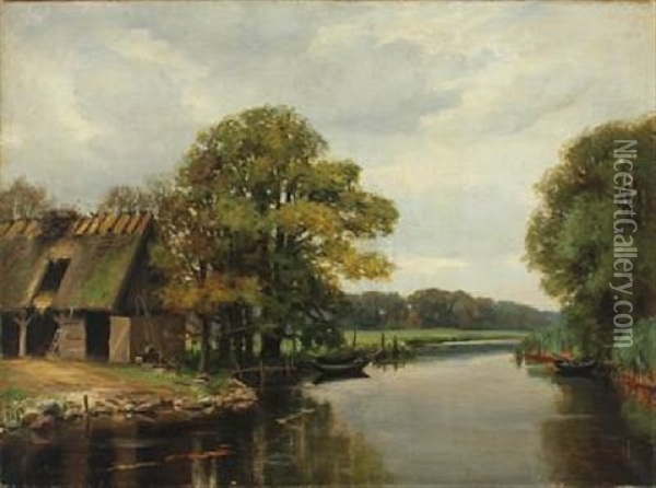 A Thatched Farm On The Riverbank Oil Painting - Rudolf Bissen