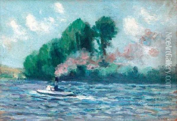 Rolleboise, Remorqueur Sur La Seine. Oil Painting - Maximilien Luce