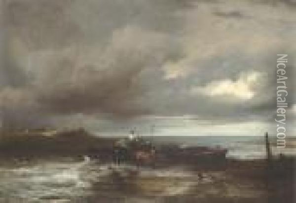 An Estuary Scene With Figures Unloading A Ferry Oil Painting - Frederick Richard Lee