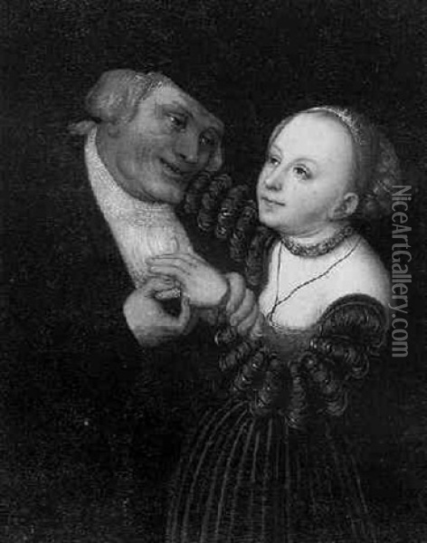 A Young Woman With An Old Man Oil Painting - Lucas Cranach the Elder