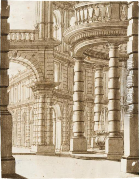 Architettura Con Porticato E Colonne Oil Painting - Ferdinando Galli Bibiena