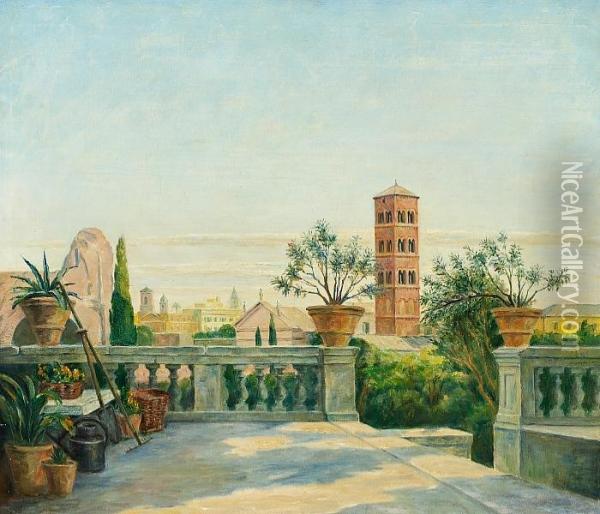 View Overlooking Roman Roof-tops Oil Painting - Johan Gudmann Rohde