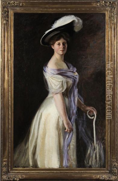 Portrait Of A Woman In Plumed Hat Oil Painting - Arthur Merton Hazard