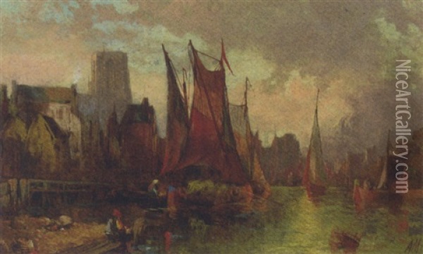 Barges At Dusk In A Continental Port Oil Painting - Alfred Montague