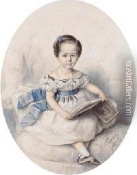 Portrait Of A Young Girl, Seated Full-length, Holding A Book Oil Painting - Francois Felix Oenaille