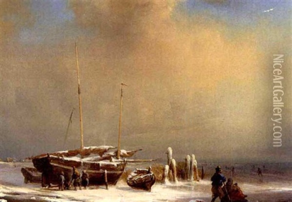 Figures Repairing A Boat On A Frozen Waterway Oil Painting - Johan Hendrik Meyer