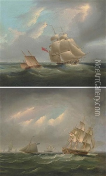 H.m.s. "sloop" Active In Coastal Waters (+ H.m.s. "brunswick" Amidst Other Shipping In The Channel; Pair) Oil Painting - James Edward Buttersworth