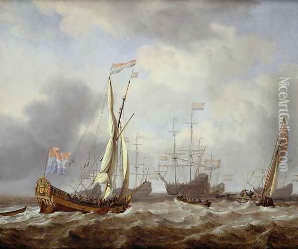 Dutch States yacht sailing in a light breeze on choppy seas, with a kaag nearby and other shipping at anchor beyond Oil Painting - Willem van de Velde the Younger