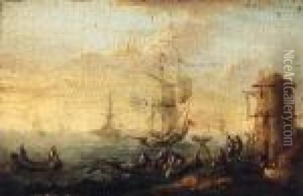 Rowing Boats By A Shoreline, A 
Kaag Beyond; And A Shipwreckedsailing Boat Off A Rocky Coastline Oil Painting - Bonaventura, the Elder Peeters
