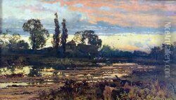 A River Landscape At Sunset Oil Painting - John Horace Hooper