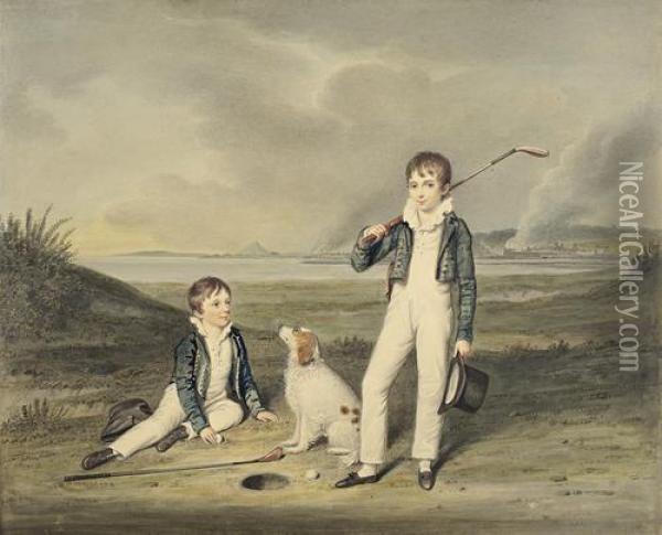 Two Boys With Golf Clubs And A Dog On Old Musselburgh Links Oil Painting - William Douglas