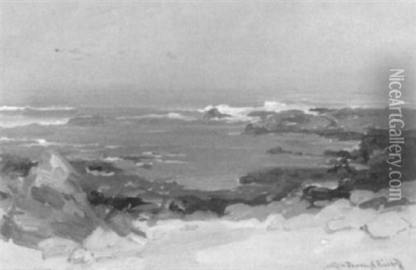 A Rocky California Coastal Scene Oil Painting - Franz Arthur Bischoff