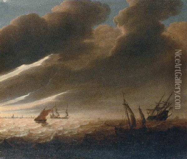 Shipping Off A Distant Coastline Oil Painting - Cornelis Mahu