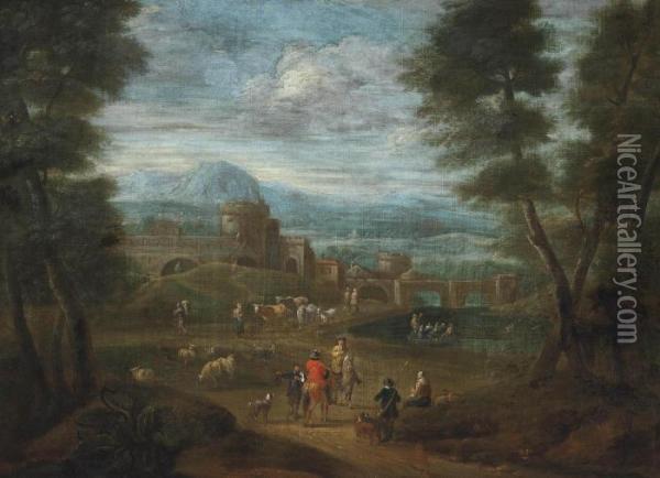 An Extensive River Landscape With Travellers Outside A Fortified Town Oil Painting - Adriaen Frans Boudewijns