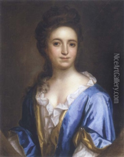 Portrait Of A Lady Wearing A Blue And Yellow Dress Oil Painting - Thomas Murray