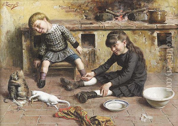 The Playful Kittens Oil Painting - Eugenio Zampighi