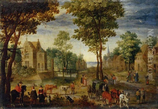A Horseman Conversing With Elegant Company, A Drover And Three Cattle, And A Covered Wagon And Horses Oil Painting - Jan Brueghel the Elder