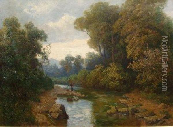 A Wooded River Landscape With A Man Fishing Off A Rocky Bank Oil Painting - Georg Holub