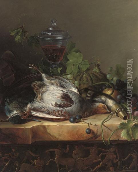 Dead Game, Grapes, Melon And A Glass Of Wine On A Carved Stoneledge Oil Painting - Petrus Nicolas Scholten