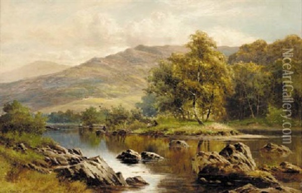 Figures Resting On An Island In A Tranquil River Landscape Oil Painting - William Henry Mander