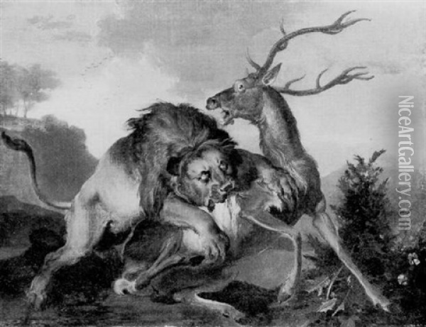 A Lion Bringing Down A Stag Oil Painting - Abraham Danielsz Hondius