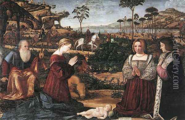 Holy Family with Two Donors Oil Painting - Vittore Carpaccio