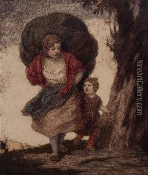 Mother And Child On The Road Oil Painting - Ludwig Von Zumbusch