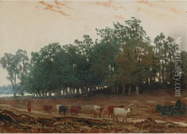 Returning Home, Cattle On A Woodland Path Oil Painting - Daniel Fowler