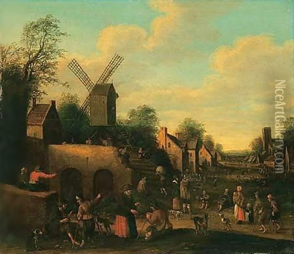 A Scene In A Dutch Village With Beggars And Numerous Figures By A Windmill Oil Painting - Joost Cornelisz. Droochsloot