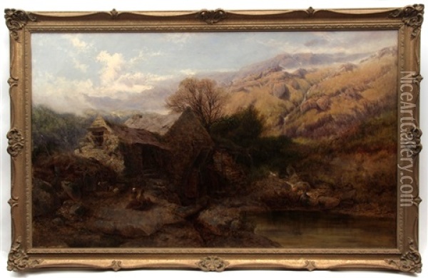 Welsh Mountain Landscape With Figures Before A Mill Oil Painting - Henry Bright