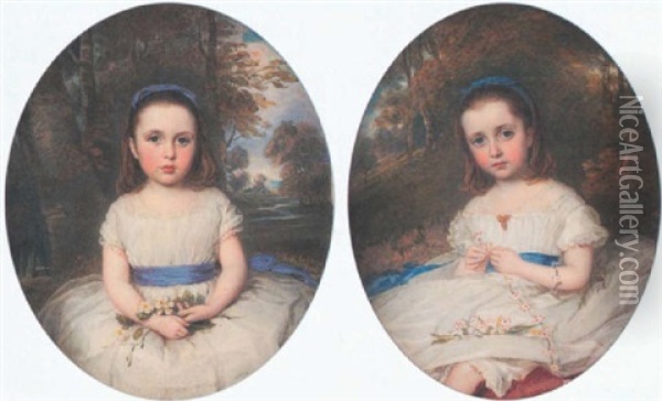 Portrait Of Louisa Isabel Seawell, Aged 4, Wearing White Dress With Lilac Ribbon Waistband And Matching Hairband, And White Flowers In Her Lap Oil Painting - Reginald Easton