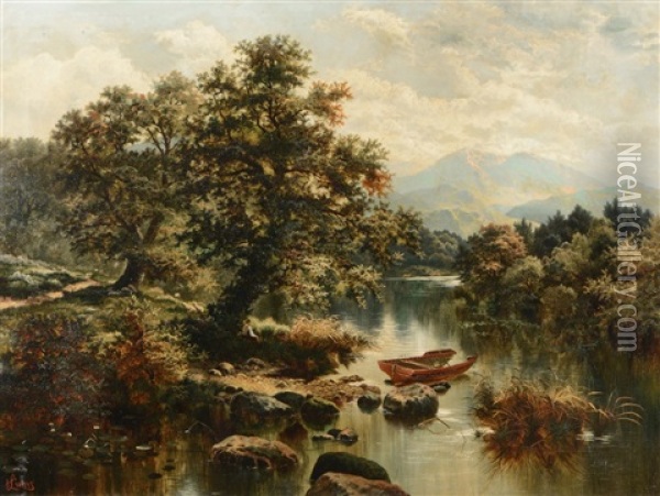 A Mountainous River Landscape With Boat, A Figure Resting Beneath A Tree Nearby Oil Painting - Horace Mann Livens